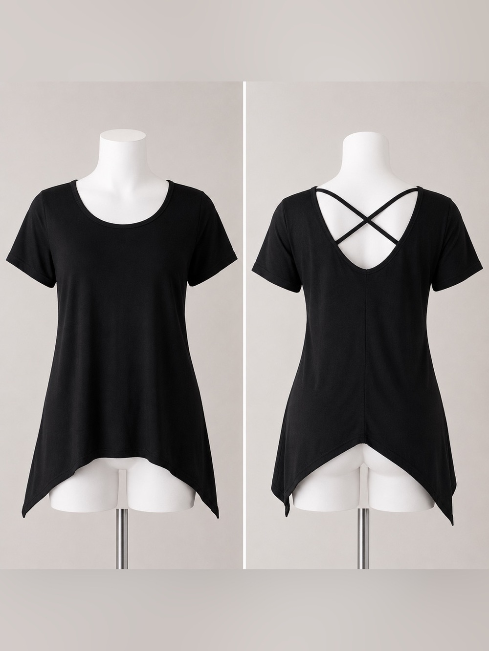 P.Inc Black Cross Back Top Short Sleeve Asymmetrical Hem Soft Stretch Large